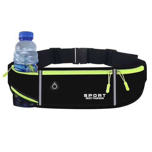 Running Belt with Two Zippered Pockets and Water Bottle Holder, Fits Phone, Keys, Energy Gels – Adjustable Waist Pack for Marathon, Trail Running, Hiking, Jogging, Walking [LD&JR] (Black)